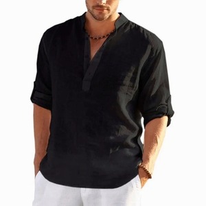 Nouveau T-shirt à manches longues en lin pour homme, couleur unie, ample, T-shirt à manches longues en coton et lin, chemise à manches longues, chemises grandes tailles pour homme - Product Image 5