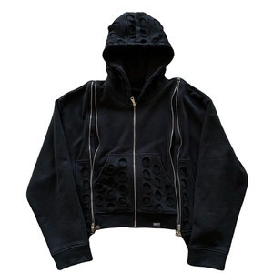 Sudaderas con capucha personalizadas de algodón de peso pesado con cremallera de rizo francés y manga desgastada lavada con ácido con cremallera completa para hombres con estilo único - Product Image 2