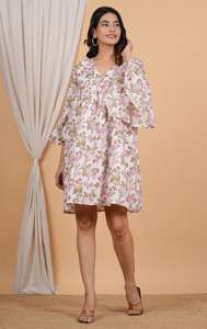 Vestido de verano corto de algodón floral bohemio tejido de algodón puro estampado floral Vestido de playa al por mayor para mujer - Product Image 4