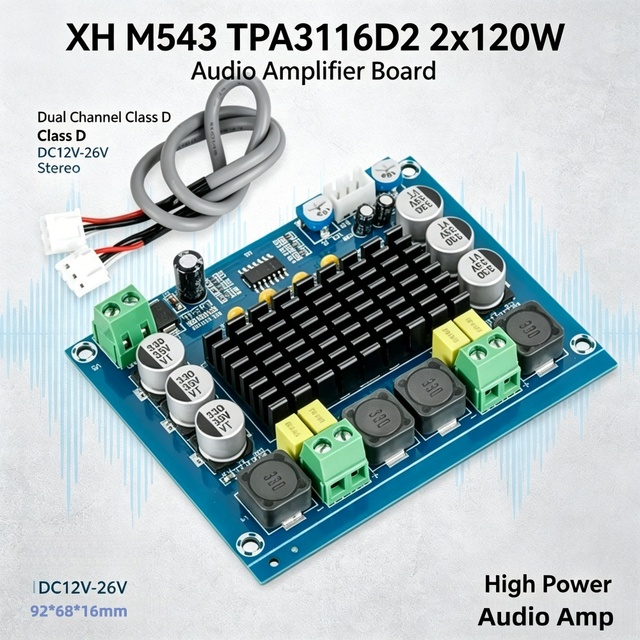 Stock XH-M543 TPA3116D2 Dual Channel Car Digital Audio Amplifier Board DC 12V 24V 2X120W Professional Stereo Power Module
