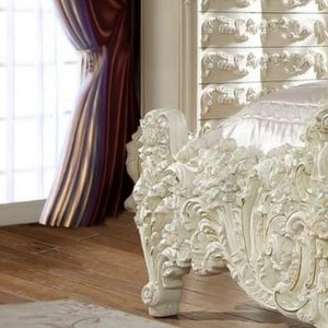 Conjunto de dormitorio clásico de madera maciza de teca, muebles de dormitorio con diseño de lujo, color blanco - Product Image 3