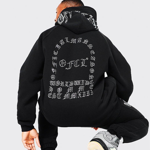 Conjunto Deportivo de Invierno con Capucha, Estampado y Pedrería, Talla Grande, Estilo Urbano, 2 Piezas, 100% Algodón - Product Image 4