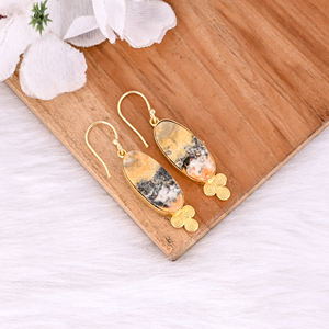 Bumble Bee Jasper Dangle Boucles d'oreilles Femme Classique Bohème Jaune Plaqué Or Laiton Bijoux Ovale Pierres Précieuses Bijoux - Product Image 3