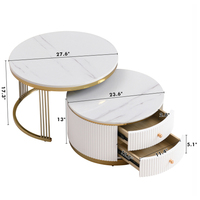 Table basse ronde moderne en deux parties, blanche, avec tiroirs, pieds en métal doré, pour salon