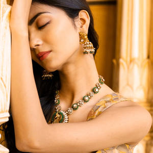 High Purity Yellow Gold Plating Gajaah 925 Sterling Silver Majestic <b>Peacock</b> & Elephant Polki Diamond Necklace with Emeralds - Product Image 3