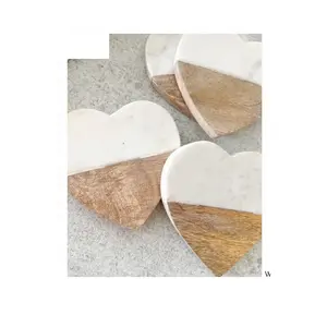 白色心形大理石和木质套装4杯垫咖啡饮茶杯垫餐桌现代家居装饰杯垫