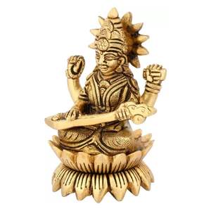 Estatua de Saraswati de diosa de latón artesanal fina, artículo decorativo, regalos de boda, Dios de la música, peso 425 Gm - Product Image 3