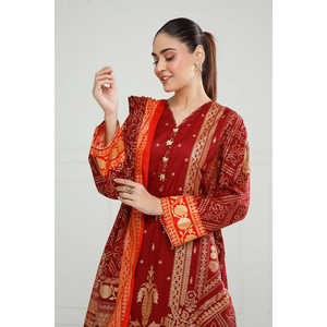 Traje Casual de 3 Piezas Color Granate para Mujer con Estampado Dorado para Verano - Con Decoración de Botones - Product Image 4