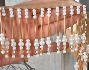 Delicate Beaded Tassel Dupatta <b>Trim</b>, Champagne Gold Beads / Ivory Pearls <b>Trim</b> for Dress Embellishment, Latin dance, Home Decor - Product Image 2