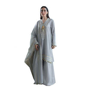 Traje FE-52045 de 3 piezas, bordado a mano, con jacquard y Chikan Kari, Salwar Kameez Anarkali de algodón, hecho con tela de lino. - Product Image 4