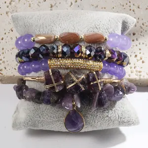 Custom Boho Women Jewelry 5pcs Gemstone Crystal Glass Acrylic Bracelet Irregular Stone Bangle Drop Stone Stack Bracelet Set