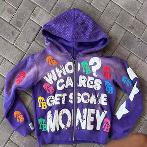 Fabricante personalizado francés Terry 100% algodón Vintage ácido lavado de gran tamaño rhinestone 3D puff estampado Zip Up HOODIE hombres 2024 - Product Image 2