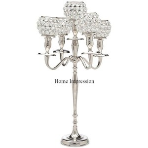 Candelabro elegante hecho de aluminio pulido brillante de Color plateado de alta calidad con 5 brazos con cuentas de cristal Diseñador único de la India - Product Image 1