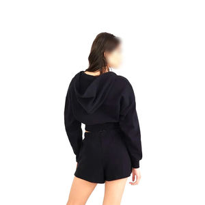 2024 femmes décontracté solide 2 pièces ensembles respirant coton à manches longues sweat à capuche taille élastique Biker Shorts lacé survêtement - Product Image 4