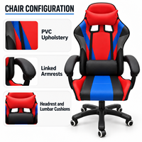 Chaise de jeu moderne en PVC rouge, bleu et noir avec accoudoirs reliés, deux coussins et fonction inclinable pour bureaux à domicile, salles d'étude et salles de jeu