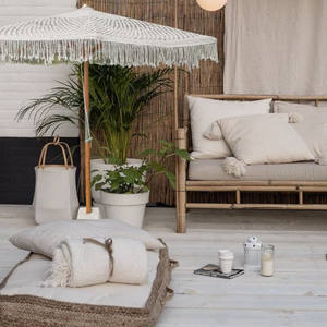 Super vente Housse de parasol style bohème en macramé, Livraison rapide Housses rondes pour parasol en jonc de mer/chaume/noix de coco/palmier - Product Image 1