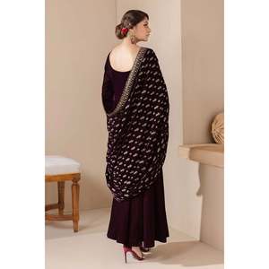 Luxurious Embroidered Velvet <b>Shawl</b> VS-42-Soft Floral & Solid Print Winter Ethnic Style - Product Image 2