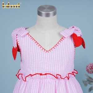 Valentine's Theme 3D Pale pink Medium Stripe 100% Cotton Seersucker Hand Smocked A-Line Breathable Baby Dress ODM Wholesale - Product Image 4