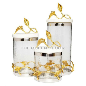 Luxury Gold and Glass Canister with Elegant Leaf Design Decorative Storage <b>Jar</b> for Kitchen and Home Decorative - Product Image 1
