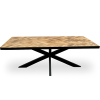 Table à manger pliante en bois de manguier massif à chevrons |   Base ovale industrielle en métal noir |   Meubles de salle à manger modernes faits à la main avec finition laquée
