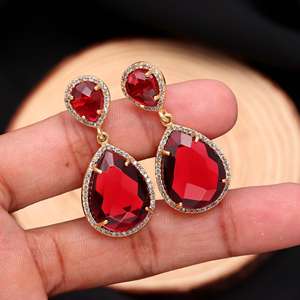 Pendientes de Plata de Ley 925 Hechos a Mano con Cuarzo Rojo en Forma de Pera y Circonita Blanca para Mujer, para Boda o Compromiso - Product Image 4