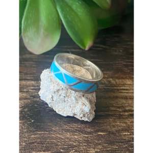 Handmade Boho <b>Statement</b> <b>Ring</b> Navajo Made with Turquoise & Sterling <b>Silver</b> Inlay Size 6 Everyday Wear Jewelry - Product Image 4