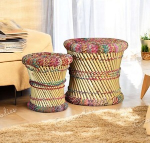 Tabouret de canne en bambou fait à la main Sarkanda Cane Muddha Lot de deux tabouret ottoman coloré pour salon extérieur jardin parc incrustation d'os - Product Image 5