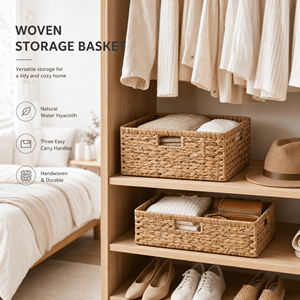 Panier de <span class=keywords><strong>rangement</strong></span> carré en jacinthe d'eau naturelle tressé à la main avec trois poignées, style rustique, pour la décoration intérieure, vente en gros, OEM - Product Image 4