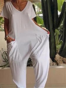 Mono de verano para mujer, cuello en V de color sólido, bolsillo de gran tamaño, pantalones de una pieza de gama baja 2025 - Product Image 6