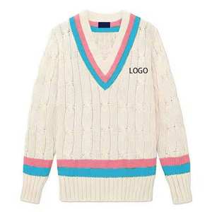 Suéter de Punto Trenzado con Cuello en V Unisex Personalizado OEM, Azul y Rosa, Lana/Acrílico, con Logotipo Frontal Personalizado, Ropa Casual de Invierno - Product Image 5