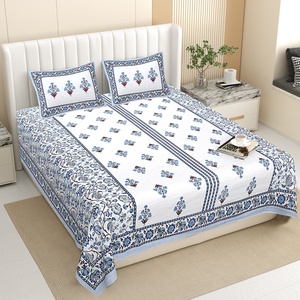 Premium Hand Block Print Cotton Double Bedsheet 2 <b>Pillow</b> Covers Eco-friendly 200TC Animal Leaves Blue Floral Traditional Indian - Product Image 1