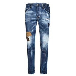 <strong>Patch</strong> Skinny Fit Men's Straight Washed High Street <strong>Designer</strong> Jeans with Paint Ripped Whiskers Tag - Product Image 1