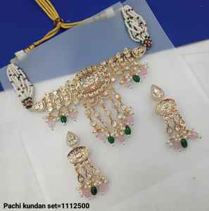 Top qualité nouveau Design plaqué or perle Pachi Kundan collier ras du cou avec boucles d'oreilles ensembles de bijoux de mariée indiens traditionnels - Product Image 2