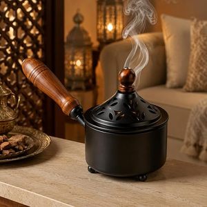Bol de brûleur en fonte avec couvercle amovible et poignée en bois |   Brûleur d'encens au charbon ventilé anti-odeur |   Modèle de magasin en laiton impérial - Product Image 1