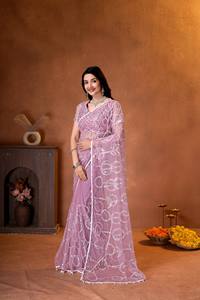 Sari de red rosa malva de lujo con bordado pesado de lentejuelas plateadas, diseño Bollywood, para bodas y fiestas indias, para mujer - Product Image 4