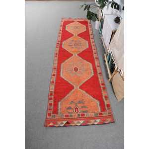 Turkish Vintage Rug, 3.1x10.8 ft Herki Rug, <b>Red</b> Plants & trees <b>Wool</b> Rug - Product Image 1