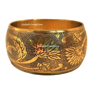 Vintage Etchnic Style Wide <b>Flower</b> <b>Bracelet</b> Chunky Brass Fashion Bangle - Product Image 5