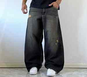 Jeans en denim ample à jambe droite pour homme, style streetwear, lettres tissées, délavage déchiré, séchage rapide, taille mi-haute, logo personnalisé, couleur personnalisée - Product Image 1