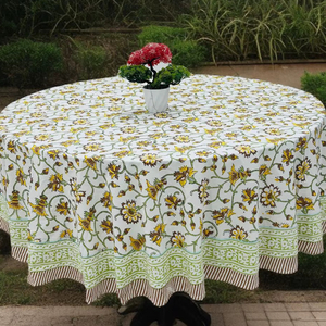 Ensemble de nappes rondes en coton de luxe, imprimées à la main avec des motifs floraux jaunes, serviettes durables et écologiques pour les mariages, la décoration de table à manger - Product Image 2
