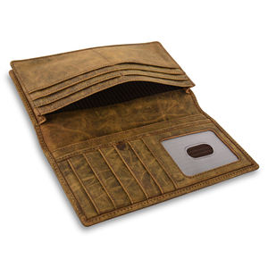 Portefeuille long en cuir véritable avec blocage RFID pour femmes |   Porte-monnaie et porte-cartes vintage fait main avec un design pliable à plusieurs fentes - Product Image 1