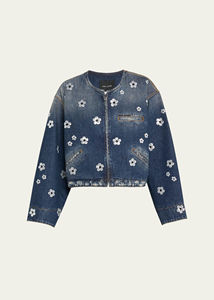 Veste bomber en denim foncé tendance pour femmes avec broderie florale en sequins argentés scintillants - Product Image 5