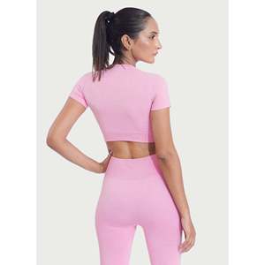 M Fitness Pink Crew Neck Tank <b>Top</b> Girls Nine Quarter Sleeve Solid Color Yoga <b>Top</b> Eco-Friendly Breathable Spandex Polyester - Product Image 2