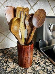 5 Piece Teak <b>Wooden</b> Cooking <b>Spoons</b> Set and <b>Wooden</b> Holder for Storage, Includes Spatulas, Ladle, Strainer, and Mixing <b>Spoon</b> - Product Image 5