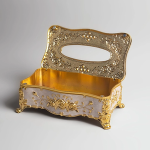 Boîte à mouchoirs cylindrique de luxe fournitures d'hôtel personnalisées organisateur de papier or/noir avec conteneur de stockage en bois - Product Image 2