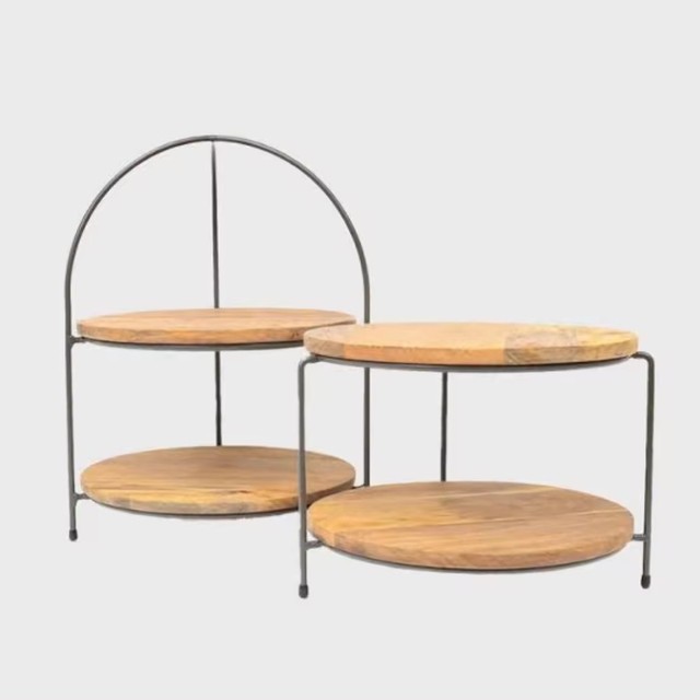 Customized Eco-Friendly Acacia Wood Stainless Steel Cake Stand Simple Design Rotating Cupcake Display Tray Home Kitchen Use