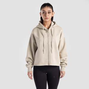 Sudadera con capucha extragrande Crest con cremallera completa en beige, tejido de punto transpirable - Product Image 1
