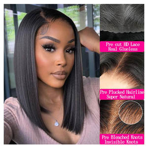 16 pouces droite Bob perruque cheveux humains 13x4 HD dentelle avant perruque de surbrillance 180% densité pré plumée 4x6 naturel noir perruque sans colle - Product Image 2