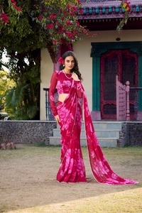 Última colección de Sari de gasa con borde de encaje floral y Perla inspirado en la moda india y pakistaní - Product Image 3