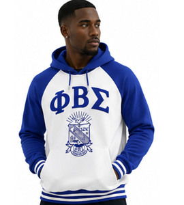 Sudadera con Capucha Azul y Blanca de Dos Tonos, Bordada, de Poliéster, con Letras Griegas, Manga Raglán, Forro Polar, Invierno, Casual para Hombre - Product Image 1