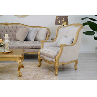 Ensemble de meubles de salon, canapé et fauteuil en bois d'acajou avec finition dorée et sculpture artisanale de qualité pour l'intérieur